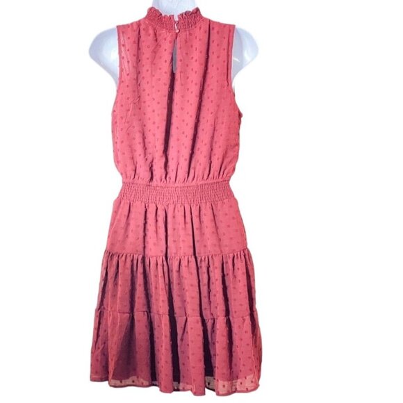 Sweet Wanderer Swiss Dot Sleeveless Mini Dress In Maroon Smocked Waist Ruffled N - Picture 2 of 6